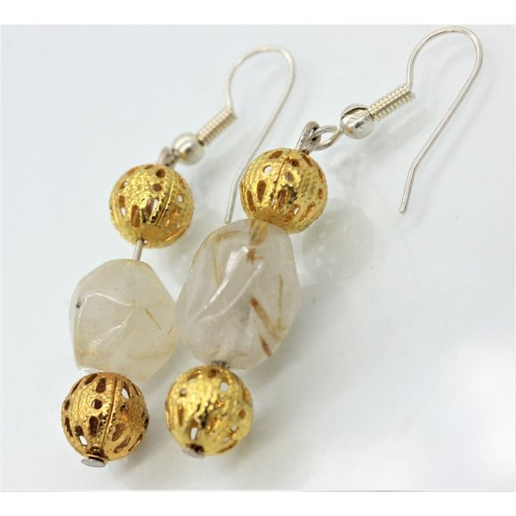 925 STERLING rutilated quartz gemstone, gold vermeil earrings 2" - Picture 1 of 5
